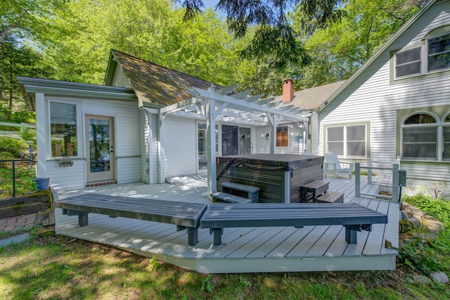 27 Chickadee Ln, Naples, ME 04055 - wooden terrace with a hot tub and a pergola