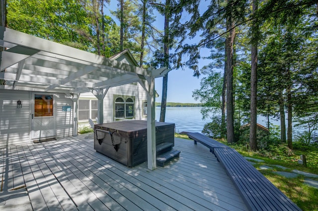 27 Chickadee Ln, Naples, ME 04055 - wooden terrace featuring a hot tub and a water view