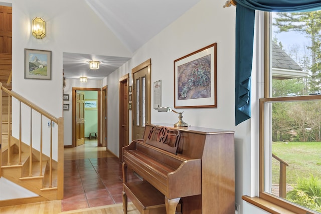 68 Parker Farm Rd, Mount Desert, ME 04660 - entrance foyer with lofted ceiling, stairs, and light tile patterned floors