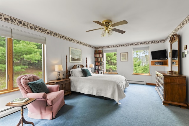 68 Parker Farm Rd, Mount Desert, ME 04660 - bedroom featuring baseboard heating, carpet floors, and a ceiling fan