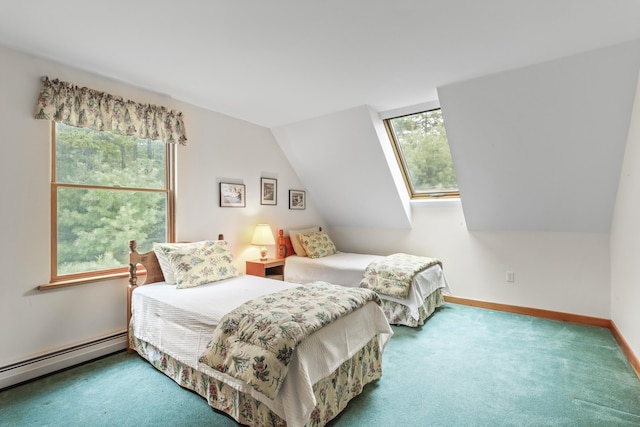 68 Parker Farm Rd, Mount Desert, ME 04660 - bedroom featuring baseboard heating, carpet, multiple windows, baseboards, and vaulted ceiling