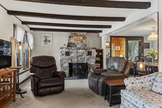 711 Biscay Rd, Bremen, ME 04551 - living area featuring carpet, healthy amount of natural light, and beam ceiling