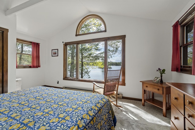 711 Biscay Rd, Bremen, ME 04551 - bedroom featuring carpet floors, lofted ceiling, baseboard heating, a water view, and baseboards