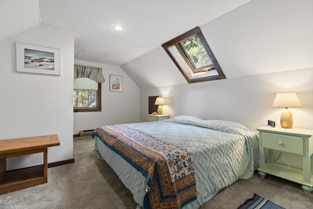 711 Biscay Rd, Bremen, ME 04551 - bedroom with lofted ceiling, carpet, baseboards, a skylight, and recessed lighting