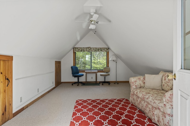 711 Biscay Rd, Bremen, ME 04551 - living area with carpet floors, a ceiling fan, baseboards, and vaulted ceiling
