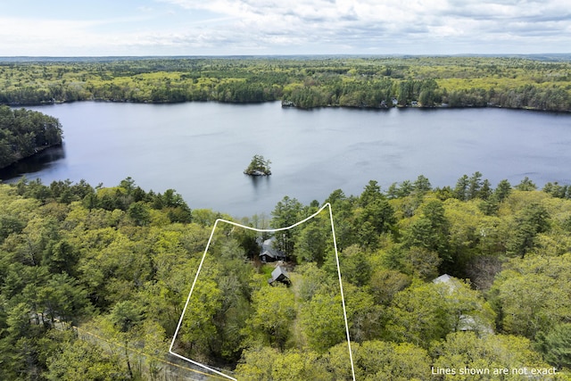 711 Biscay Rd, Bremen, ME 04551 - aerial view of property and surrounding area featuring a heavily wooded area, a nearby body of water, and property boundaries highlighted
