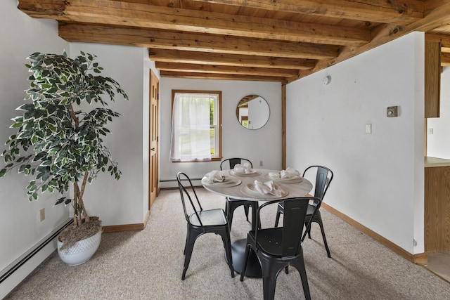 801 US Route 1 Unit C1, York, ME 03909 - dining space with a baseboard radiator, light colored carpet, baseboards, and wood ceiling with exposed beams
