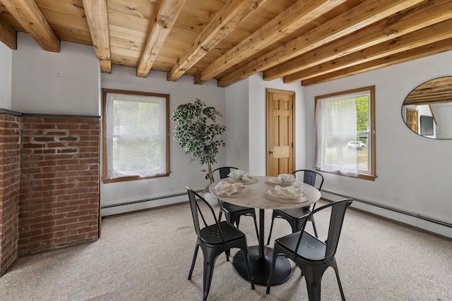 801 US Route 1 Unit C1, York, ME 03909 - dining space featuring a baseboard heating unit, carpet flooring, and wood ceiling with exposed beams