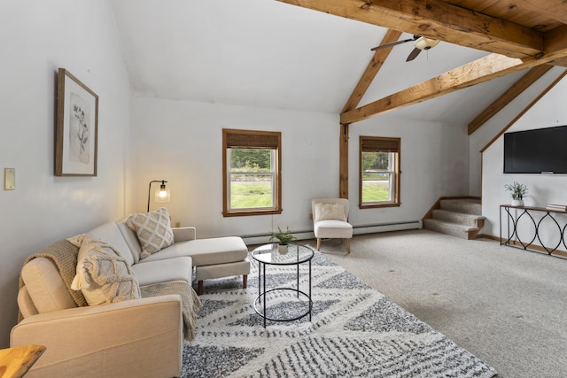 801 US Route 1 Unit C1, York, ME 03909 - living area with carpet, a baseboard radiator, a ceiling fan, and stairway