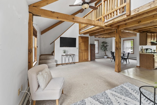 801 US Route 1 Unit C1, York, ME 03909 - living room with ceiling fan, baseboard heating, stairway, light carpet, and baseboards