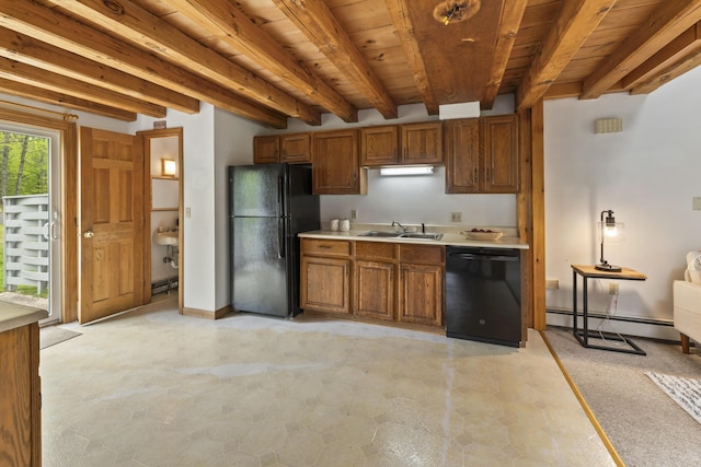 801 US Route 1 Unit C1, York, ME 03909 - kitchen featuring black appliances, a baseboard heating unit, a sink, brown cabinets, and wood ceiling with exposed beams
