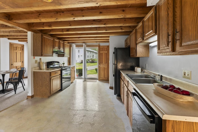 801 US Route 1 Unit C1, York, ME 03909 - kitchen with black electric range oven, dishwasher, under cabinet range hood, brown cabinets, and wooden ceiling with exposed beams
