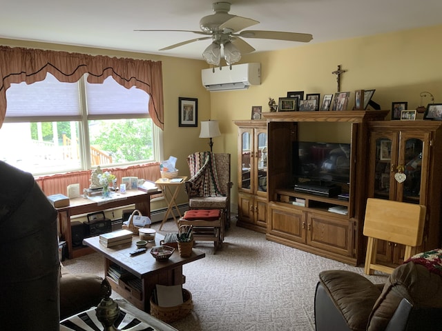 39 Oak St, Waterville, ME 04901 - living area with a wall unit AC, a baseboard radiator, a ceiling fan, and carpet floors