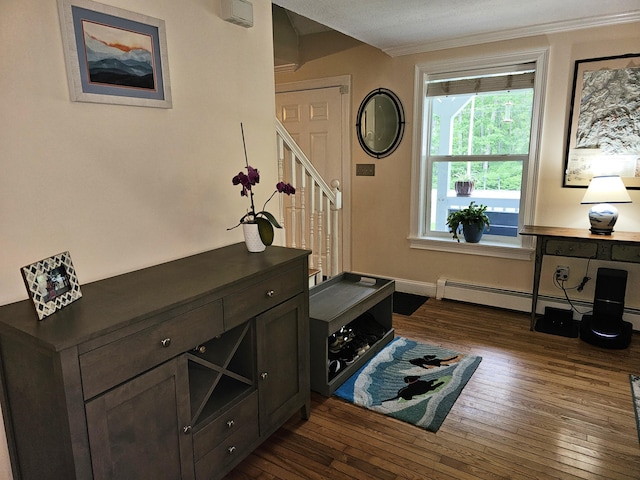 33 Oak Ridge Dr, Standish, ME 04084 - foyer entrance featuring dark wood-style floors, stairway, ornamental molding, and baseboards