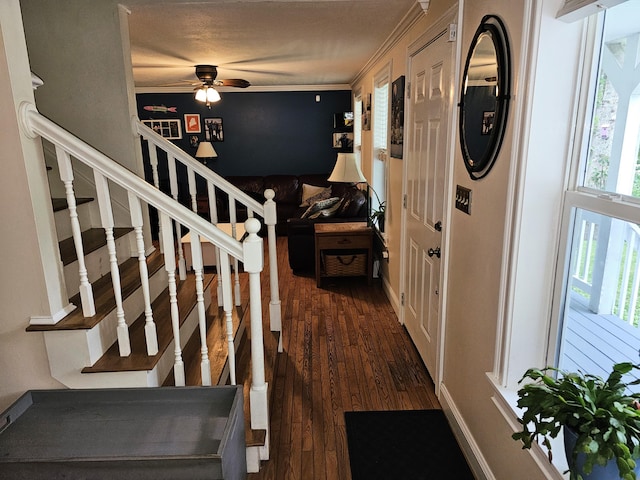 33 Oak Ridge Dr, Standish, ME 04084 - staircase featuring crown molding, a ceiling fan, and wood finished floors