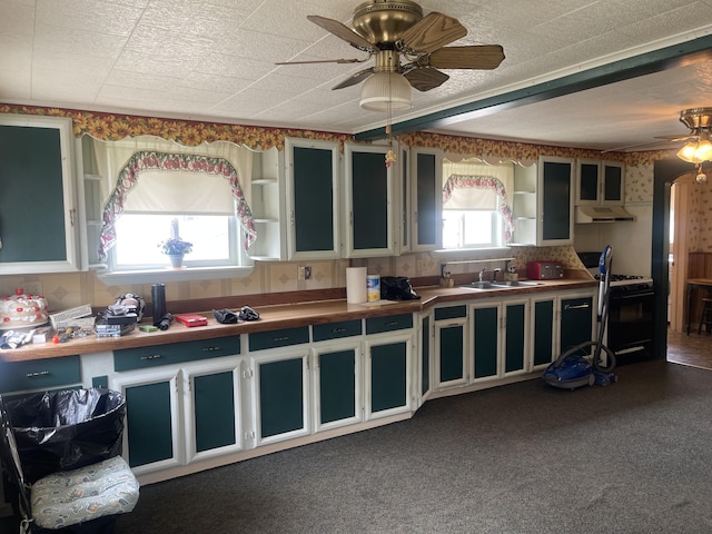 1 S Park St, Caribou, ME 04736 - kitchen featuring a ceiling fan, under cabinet range hood, gas stove, a sink, and open shelves
