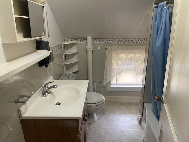1 S Park St, Caribou, ME 04736 - bathroom featuring vanity, toilet, shower / bath combo with shower curtain, tile patterned flooring, and baseboards