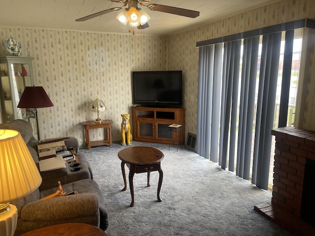 1 S Park St, Caribou, ME 04736 - living area featuring carpet floors, ceiling fan, and wallpapered walls