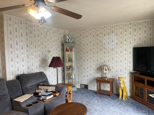 1 S Park St, Caribou, ME 04736 - carpeted living room featuring ceiling fan and crown molding