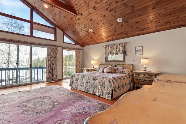 641 Bald Mountain Rd, Rangeley, ME 04970 - bedroom featuring access to exterior, high vaulted ceiling, wood finished floors, and wooden ceiling with exposed beams