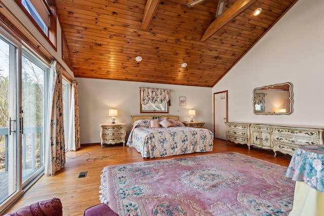 641 Bald Mountain Rd, Rangeley, ME 04970 - bedroom with multiple windows, wood ceiling with exposed beams, access to exterior, wood finished floors, and high vaulted ceiling