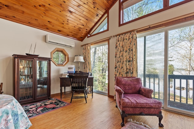 641 Bald Mountain Rd, Rangeley, ME 04970 - bedroom featuring an AC wall unit, access to outside, wood finished floors, high vaulted ceiling, and wood ceiling