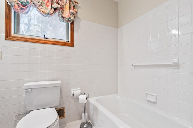 641 Bald Mountain Rd, Rangeley, ME 04970 - full bath with tile walls, a bath, and toilet
