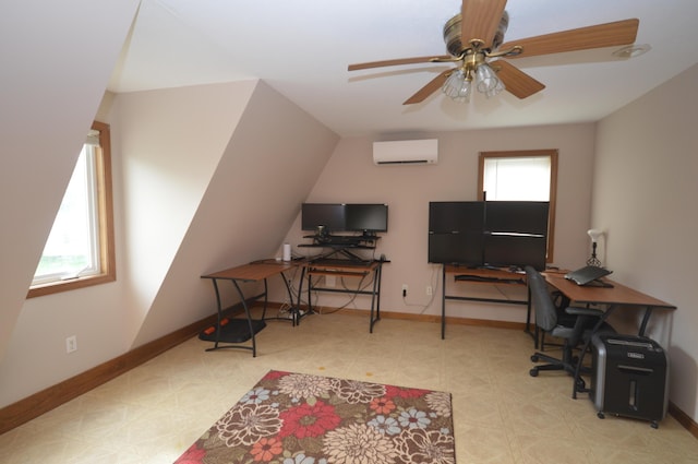 42 Blanchard St, Bangor, ME 04401 - home office with a wall unit AC, a ceiling fan, baseboards, and tile patterned floors