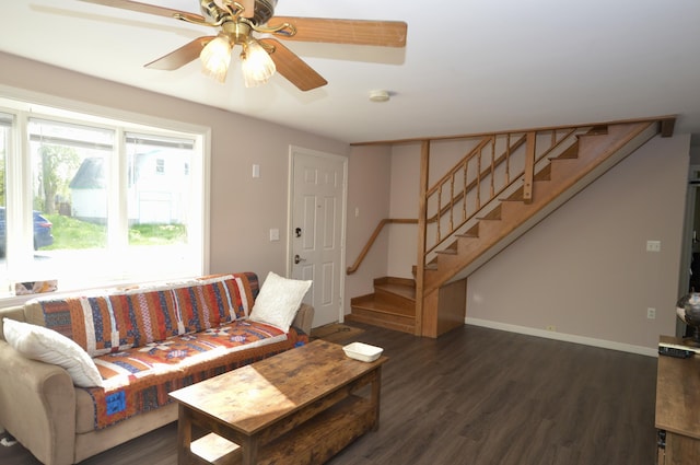 42 Blanchard St, Bangor, ME 04401 - living area featuring stairs, wood finished floors, a ceiling fan, and baseboards