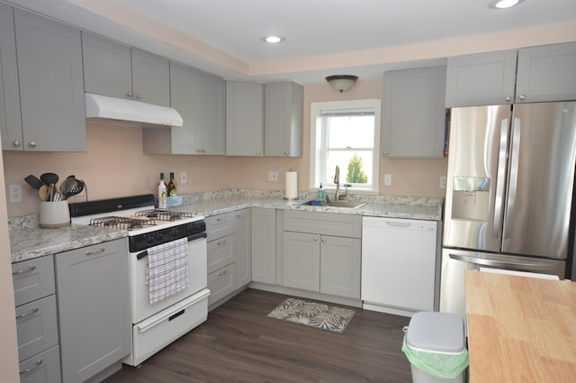 42 Blanchard St, Bangor, ME 04401 - kitchen featuring white appliances, under cabinet range hood, a sink, gray cabinetry, and recessed lighting