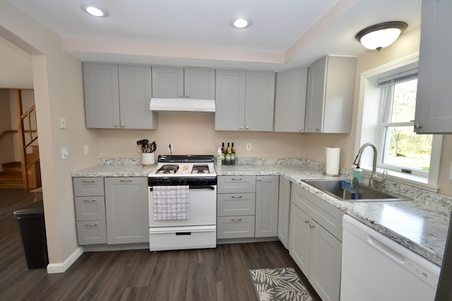 42 Blanchard St, Bangor, ME 04401 - kitchen featuring white appliances, under cabinet range hood, gray cabinetry, a sink, and recessed lighting