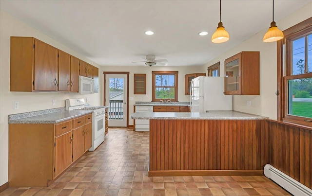 626 Main Rd, Eddington, ME 04428 - kitchen with white appliances, a baseboard radiator, light countertops, a peninsula, and glass insert cabinets