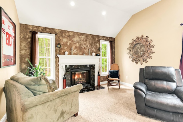 77 Cemetery Rd, Berwick, ME 03901 - carpeted living room featuring vaulted ceiling, baseboards, a fireplace, and recessed lighting