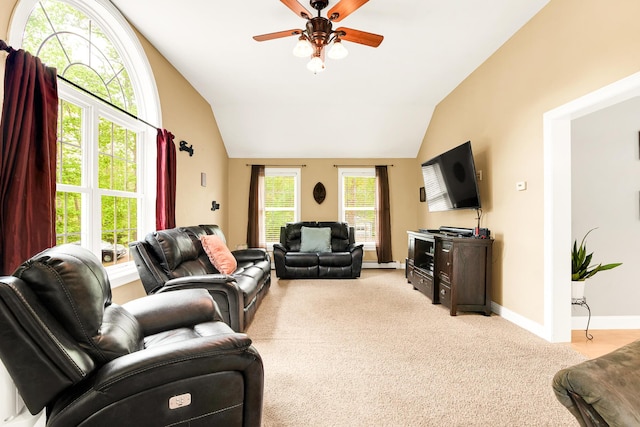 77 Cemetery Rd, Berwick, ME 03901 - living room with vaulted ceiling, light carpet, ceiling fan, and baseboards