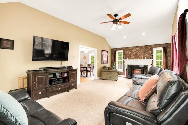 77 Cemetery Rd, Berwick, ME 03901 - living area featuring lofted ceiling, ceiling fan, carpet floors, a high end fireplace, and baseboards