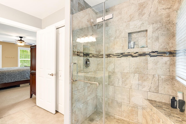 77 Cemetery Rd, Berwick, ME 03901 - ensuite bathroom featuring a shower stall, a ceiling fan, and tile patterned floors
