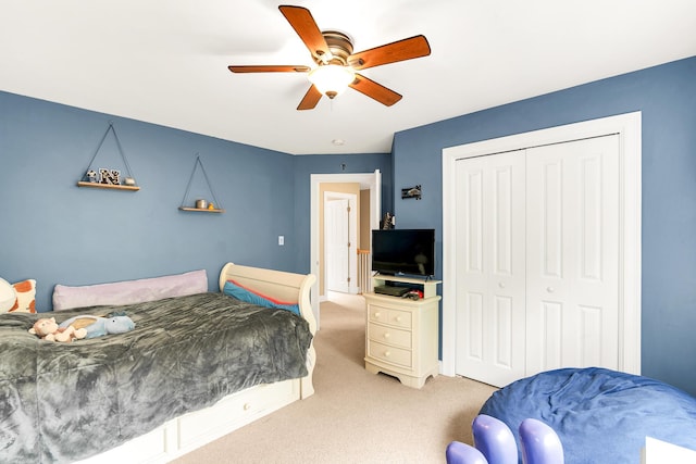 77 Cemetery Rd, Berwick, ME 03901 - bedroom featuring light colored carpet, a closet, and a ceiling fan