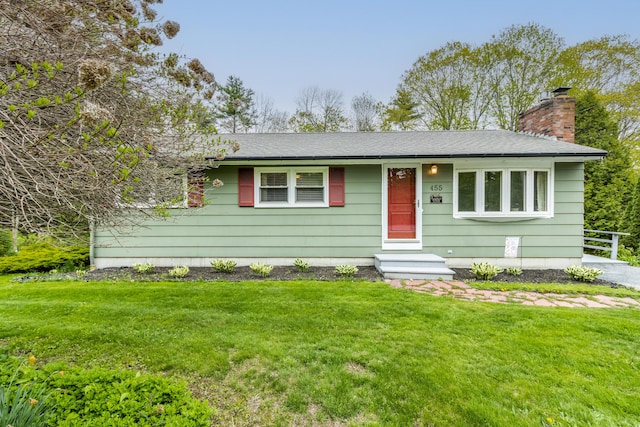 455 Duck Pond Rd, Westbrook, ME 04092 - ranch-style house featuring a chimney, a front yard, and a shingled roof