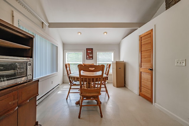 148 Naples Rd, Harrison, ME 04040 - dining area with a baseboard radiator, baseboards, vaulted ceiling, and recessed lighting