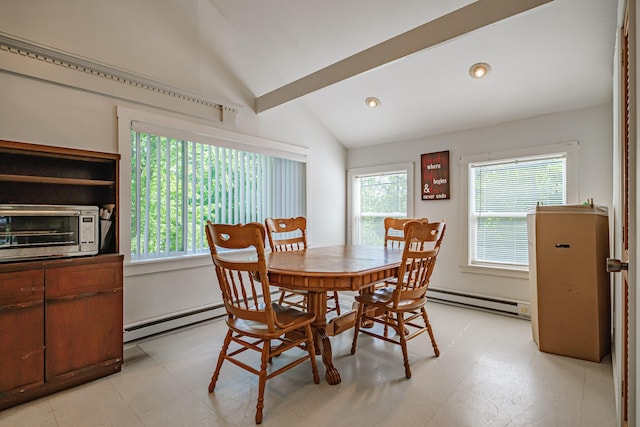 148 Naples Rd, Harrison, ME 04040 - dining area featuring a baseboard radiator, vaulted ceiling, plenty of natural light, and light flooring
