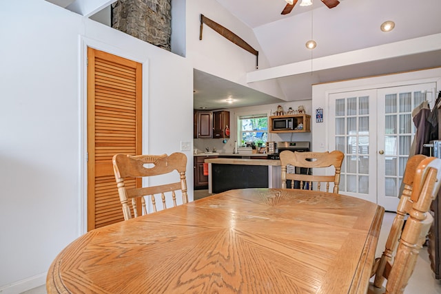 148 Naples Rd, Harrison, ME 04040 - dining area featuring french doors, recessed lighting, ceiling fan, and high vaulted ceiling