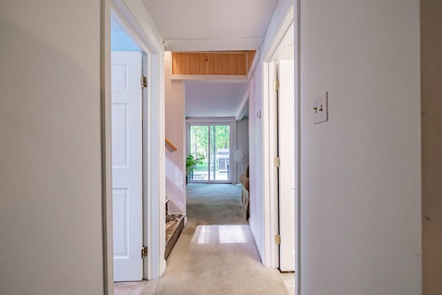 148 Naples Rd, Harrison, ME 04040 - hall featuring light colored carpet and stairway