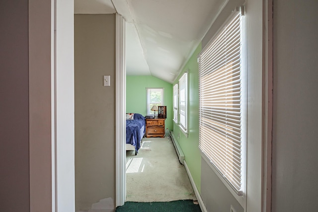 148 Naples Rd, Harrison, ME 04040 - corridor with lofted ceiling, baseboard heating, and carpet flooring