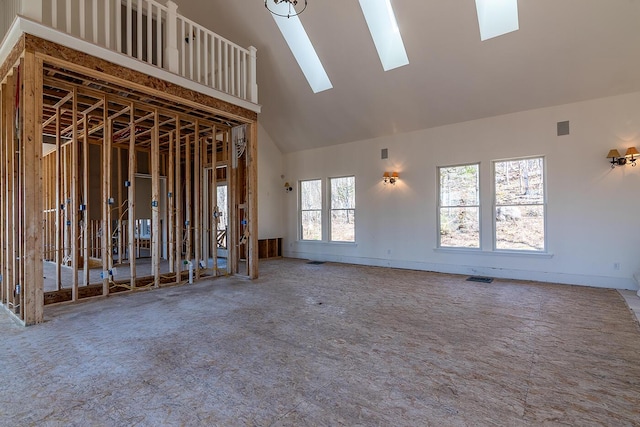 6065 Sandy River Cir, Carrabassett Valley, ME 04947 - unfurnished living room featuring high vaulted ceiling, a skylight, and carpet floors
