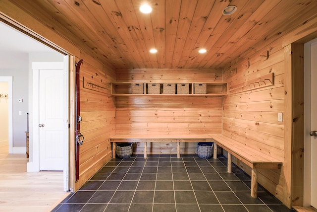 6065 Sandy River Cir, Carrabassett Valley, ME 04947 - mudroom featuring recessed lighting, wooden walls, wood ceiling, a sauna, and baseboards