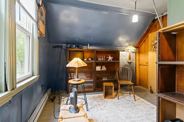 151 Central Ave, Portland, ME 04108 - sitting room featuring vaulted ceiling, wood finished floors, and a baseboard radiator