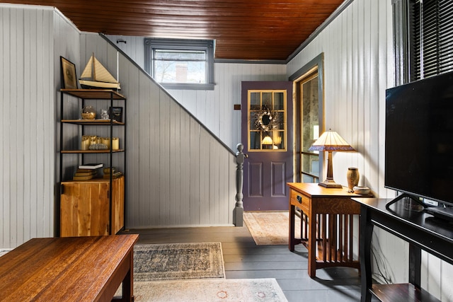 151 Central Ave, Portland, ME 04108 - staircase with hardwood / wood-style flooring, wooden ceiling, and wooden walls