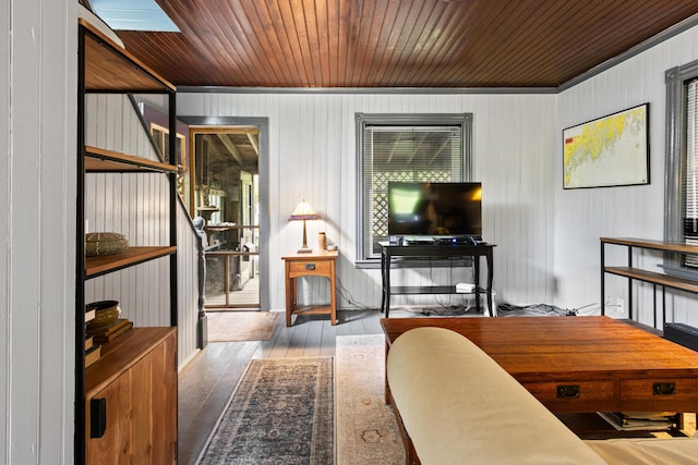 151 Central Ave, Portland, ME 04108 - living area featuring crown molding, hardwood / wood-style flooring, and wooden walls
