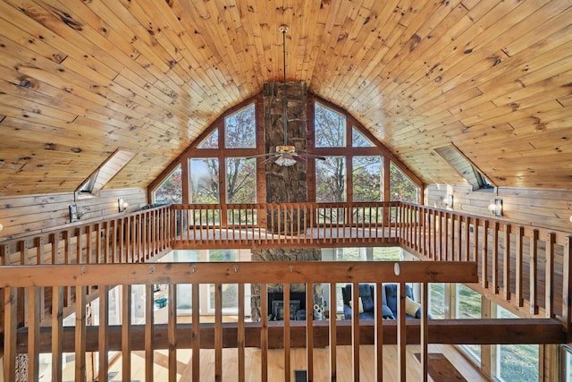 658 High St, West Gardiner, ME 04345 - detailed view of wood ceiling, wood walls, a ceiling fan, and a skylight