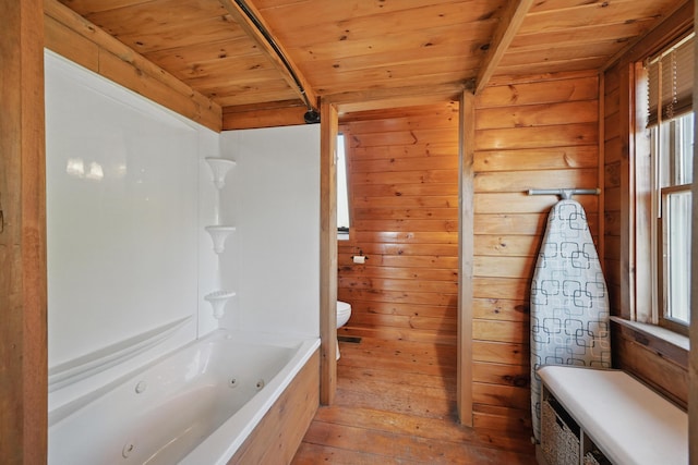 658 High St, West Gardiner, ME 04345 - full bathroom with wooden ceiling, toilet, hardwood / wood-style flooring, beamed ceiling, and a combined bath / shower with jetted tub